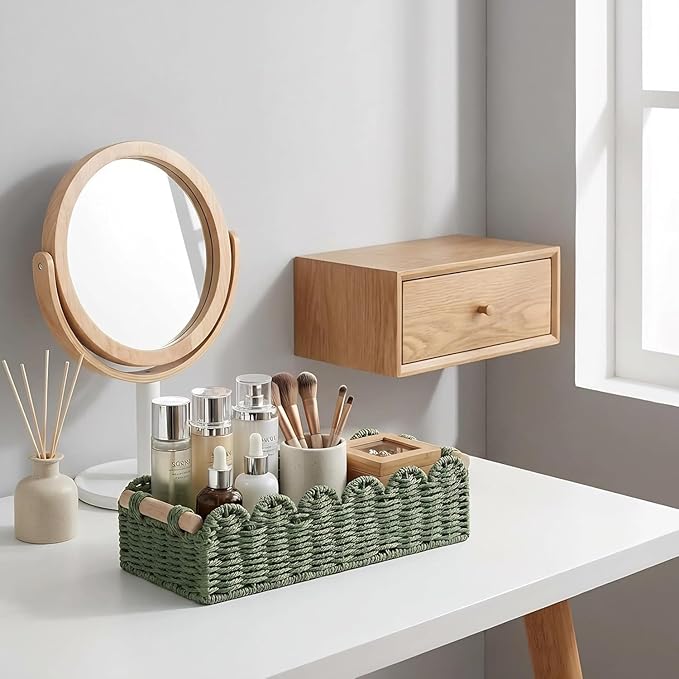 CubesLand Scalloped Decor Basket for Living Room, Home, Bathroom, 2SAME SIZE Paper Rope Basket, Toilet Storage Baskets for Over Toilet Storage Shelf, Cozy Woven Basket Both Storage&Decor, Green