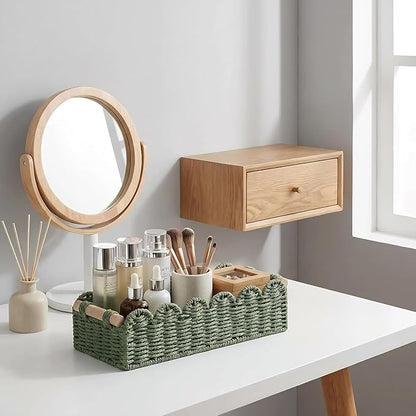 CubesLand Scalloped Decor Basket for Living Room, Home, Bathroom, 2SAME SIZE Paper Rope Basket, Toilet Storage Baskets for Over Toilet Storage Shelf, Cozy Woven Basket Both Storage&Decor, Green