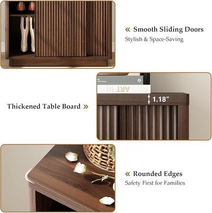 Fluted Shoe Cabinet with Sliding Door, 6-Tier Large Hidden Storage Organizer Modern Shoe Rack with Adjustable Shelves, Mid Century Freestanding Wooden Shoe Storage Cabinet for Entryway,Walnut