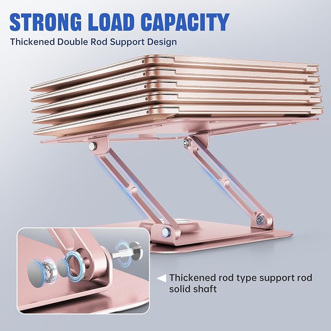 Laptop Stand for Desk, Adjustable Computer Stand with 360° Rotating Base, Ergonomic Laptop Riser for Collaborative Work, Foldable & Portable Laptop Stand, fits for All 10-16" Laptops (Rose Gold)