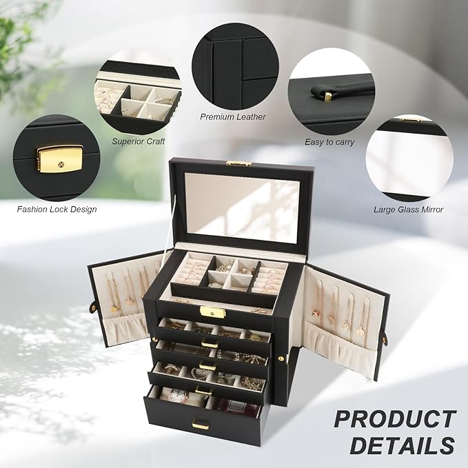 Large Jewelry Organizers and Storage, Jewelry Box for Women 5 Layers Jewelry Organizer, Large Jewelry Boxes & Organizers for Women, Black