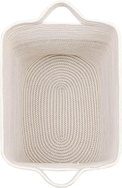 Storage Baskets for Clothes Fabric Cotton Rope Storage Basket with Handles, Decorative Woven Basket for Living Room,Closet Organizer Blankets, and 2bags (White/Black Line, L16×W11.4×H15.9)