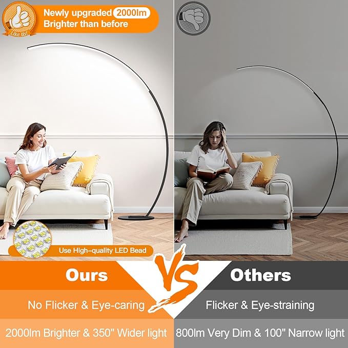 【Upgraded】Dimmable Floor Lamp with 3 Color Temperatures, Ultra Bright 2000LM Arc Floor Lamps for Living Room, Modern Standing Tall Lamp with Remote Control Reading Floor Lamp for Bedroom Office