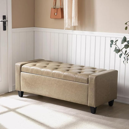 Ottoman with Storage，Storage Ottoman Bench, Storage Bench for Bedroom with Safety Hinge，Bedroom Benches with Seating for Living Room, Entryway (Khaki-PU)
