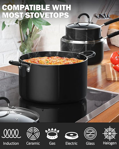 Cook N Home 8-Piece Nonstick Pot and Pan Set with Lid Induction Compatible | Cookware Set Includes Saucepan with Lid, Stockpot with Lid, Frying Pan, Kitchenware set Non Stick, Black