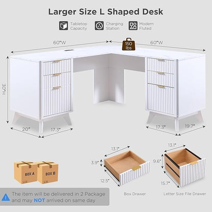 T4TREAM 60'' Fluted Executive L Shaped Desk, Modern Home Office Desk with Charging Station and File Drawer, Computer Corner Desks with Drawers & Storage Cabinet for Office Home, Bedroom,Solid White