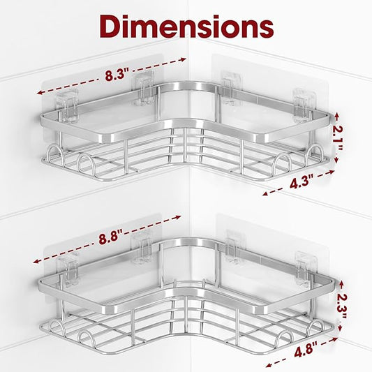 Sakugi Corner Shower Caddy - 2 Pack, Adhesive Shower Organizers, Rustproof Stainless Steel Shower Shelves with 8 Hooks, No Drilling Bathroom Organizers and Storage Racks, Space-Saving, Silver, Large