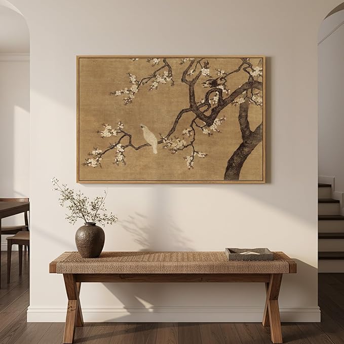 Framed Vintage Floral Bird Zen Wall Art, Neutral Asian Plum Blossom Branch Flower Birds Canvas, Minimalist Classic Oriental Calming Painting Prints for Living Room Bedroom Chinese Wall Decor, 36x24
