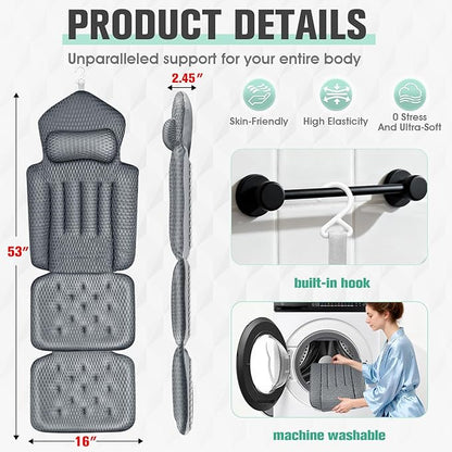 Upgraded Full Body Bath Pillow for Bathtub,Luxury Thick Bath Cushion for Soaking Tub with 192 Suction Cups,Full Body Bathtub Pillows for Head and Neck Shoulder Support,4D Air Mesh, 53" x 16" Dark Gray