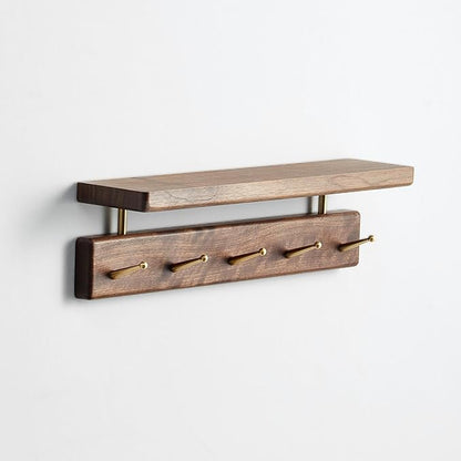 Solid Wood Shelf with Hooks, 15 inch Coat Rack Wall Mount, Shelves with 5 Brass Hooks for Hanging in Entryway, Living Room, Bathroom, Bedroom, Kitchen(Walnut)