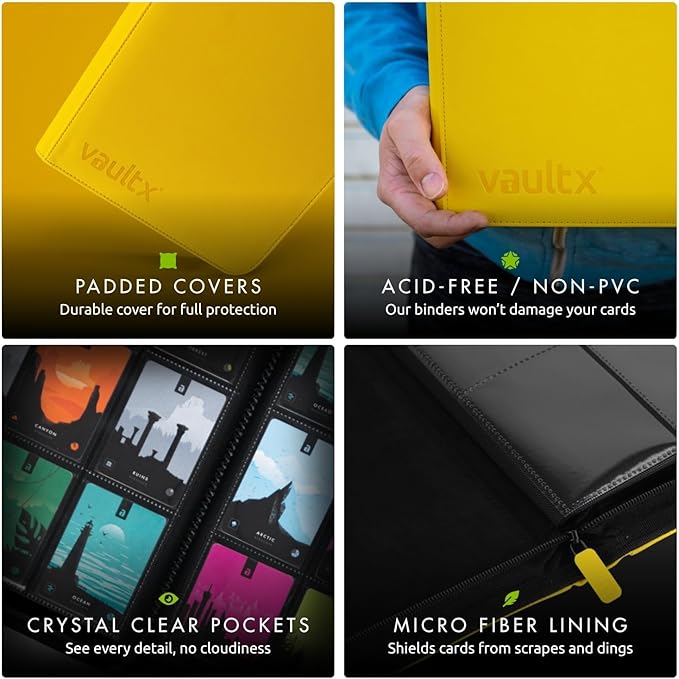 Vault X 12 XL Pocket Zip Binder, 624 Cards, Exo-Tec Material, 26 Side-Loading Pages (Yellow)