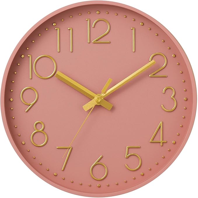DAXSMY Wall Clock - 10 Inch Silent Non-Ticking Modern 3D Wall Clocks Battery Operated - Decorative Clock for Kitchen, Home Office, Bathroom, Bedroom(Pink)