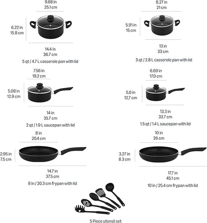 Amazon Basics Ceramic Non-Stick Cookware 15-Piece Set, Pots, Pans and Utensils, Black