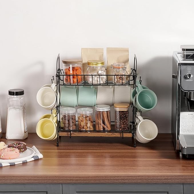 VEVOR 2 Tier Coffee Bar Organizer for Countertop, Multifunctional Mug Holder and Coffee Station, 12 Movable Hooks and 2 Shelves for Coffee Accessories Storage and Display, Home Office (Matte Black)