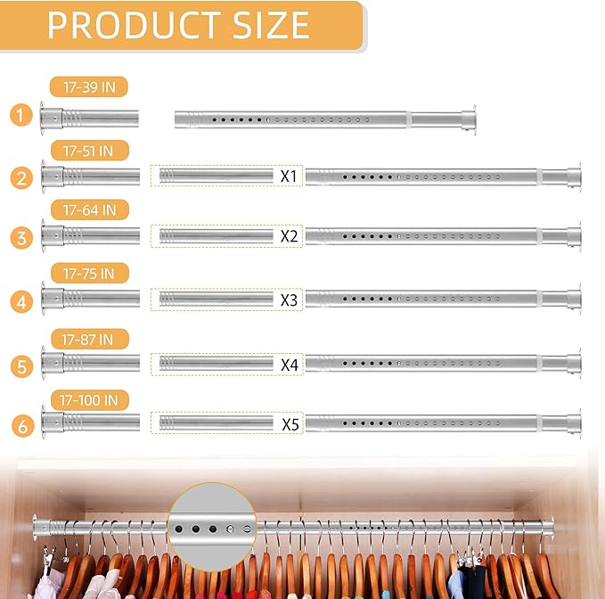 1.3 Inch Diameter Closet Rods for Hanging Clothes 17-75 Inch Adjustable, Metal Heavy Duty Closet Pole, Silver Closet Bar for Hanging Clothes, Suitable for Closet, Wardrobes, Bathroom, Windows