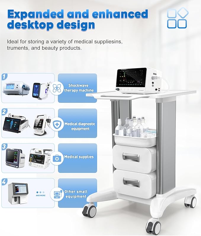Medical Cart 3 Tiers, Lab Utility Cart with 2 Drawers & 1 Top Tray, ABS Mobile Medical Trolley Cart, Hospital Mobile Ultrasound Cart with 4 Silent Wheels for Dental Clinic, Beauty Salon, 220 LBS