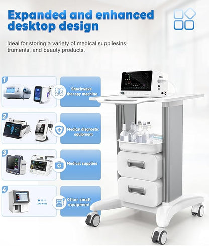 Medical Cart 3 Tiers, Lab Utility Cart with 2 Drawers & 1 Top Tray, ABS Mobile Medical Trolley Cart, Hospital Mobile Ultrasound Cart with 4 Silent Wheels for Dental Clinic, Beauty Salon, 220 LBS