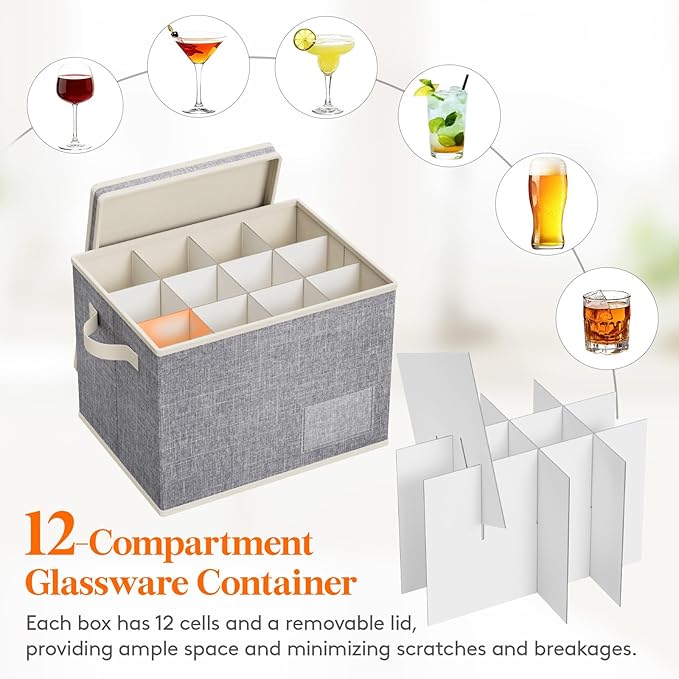 Lifewit 2 Pcs Wine Glass Storage Box with Dividers, Stackable Cationic Hard Shell Stemware Containers with 24 Cells, Foldable Dustproof China Containers for Moving, Light Grey, 37 x28x27cm