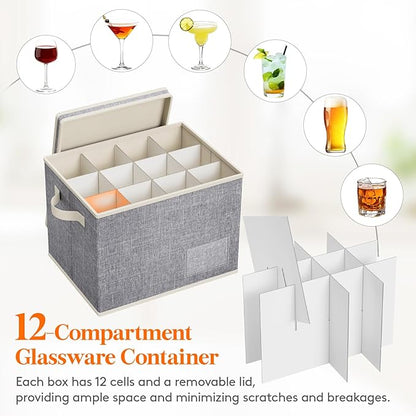 Lifewit 2 Pcs Wine Glass Storage Box with Dividers, Stackable Cationic Hard Shell Stemware Containers with 24 Cells, Foldable Dustproof China Containers for Moving, Light Grey, 37 x28x27cm