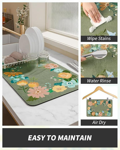 AMOAMI Coffee Mat - Hide Stain Rubber Backed Absorbent Dish Drying Mat for Kitchen Counter - Bar Accessories Fit Under Coffee Maker, Espresso Machine, Dish Rack - Floral Green 16x24