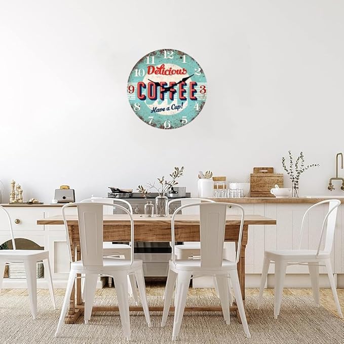 XFM Rustic Kitchen Wall Clock 10 Inch Blue Wooden Wall Clocks Silent Non-Ticking Battery Operated Retro Round Clocks for Cafes Bar Farmhouse Office