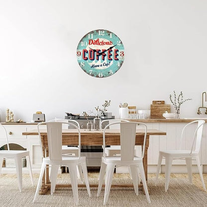 XFM Rustic Kitchen Wall Clock 10 Inch Blue Wooden Wall Clocks Silent Non-Ticking Battery Operated Retro Round Clocks for Cafes Bar Farmhouse Office