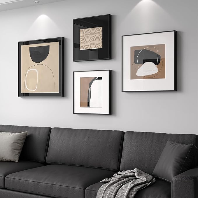 Framed Abstract Wall Art Set of 4, Large Modern Minimalist Canvas Decor Prints, Black and Brown Geometric Boho Neutral Pictures Paintings for Living Room, Bedroom, Dining, Office and Hallway