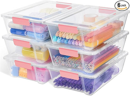 Sooez 6 Pack Pencil Boxes, New Extra Large Pencil Case, Stackable Crayon Pen Box, Clear Marker Organizer Craft Storage, Plastic Containers with Lids, Art Storage Box for School Supplies, Pink
