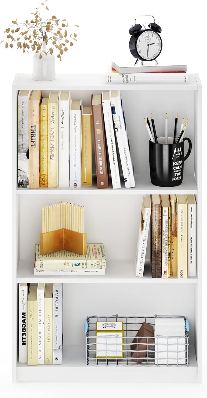 Furinno Jaya Book Shelf, 3-Tier Bookshelf, Bookcase with Adjustable Shelves, 9.5 x 24.5 x 40.3, for Living Room, Bedroom, Home Office, White