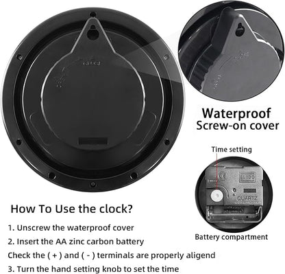 Caysie 6.5 Inch Sealed Small Indoor Outdoor Clock Waterproof, Hanging or Standing Silent Battery Operated Wall Clocks for Pool Patio Bathroom Shower (Black)