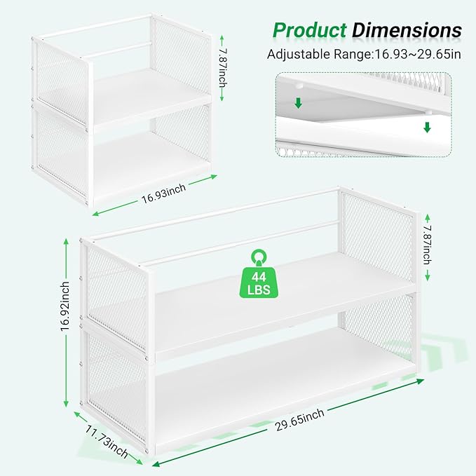 2 Pack Expandable Storage Cabinet, Stackable Pantry and Kitchen Organizers Shelf, Countertop Cabinet Storage Shelves Organizers, Spice Rack, Metal Storage Bins for Spice Can Plate Mug Cups, White