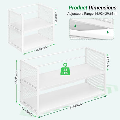 2 Pack Expandable Storage Cabinet, Stackable Pantry and Kitchen Organizers Shelf, Countertop Cabinet Storage Shelves Organizers, Spice Rack, Metal Storage Bins for Spice Can Plate Mug Cups, White
