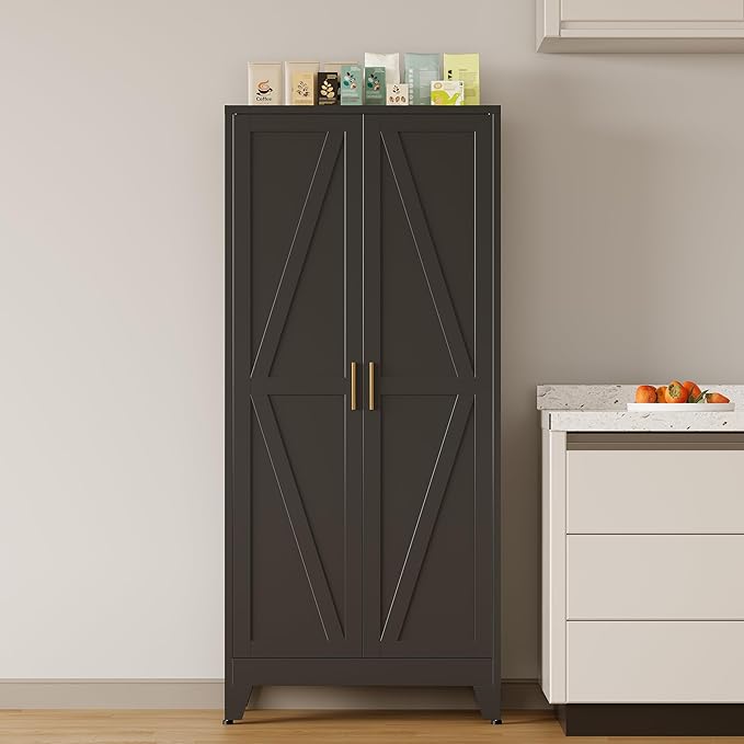 COFaR Black Metal Cabinet, 61 in Tall Metal Storage Cabinet with 3 Adjustable Shelves and Barn Doors, Farmhouse Cabinet Pantry Cupboard for Garage Office Room Kitchen Shop, Black 4 Tiers