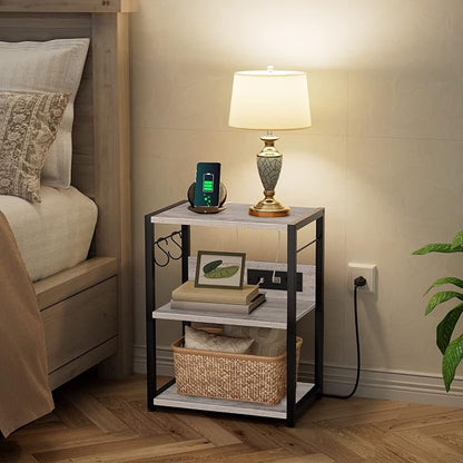 MAHANCRIS Industrial Printer Cart, 3-Tier Mobile Printer Stand, Rolling Cart with Power Outlets and USB Ports, Home Printer Stand with 2 Hooks, for Office, Living Room, Greige PTHG40E01