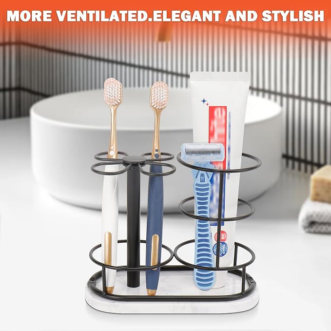 Toothbrush Holder Stand for Bathroom, Metal Toothbrush Organizer with Marble Base, Toothbrush Storage Collection for Family, Suitable for Home Hotel Countertop Vanity (Medium, Matte Black)
