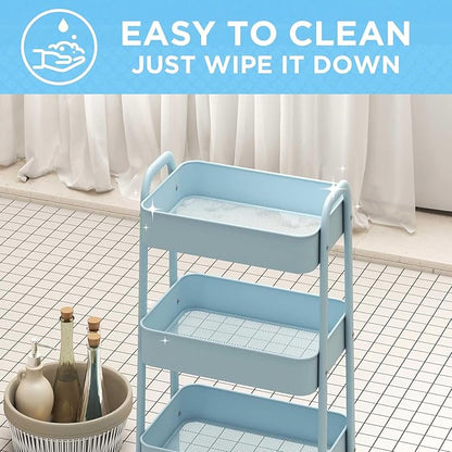 AGTEK Makeup Cart, Movable Rolling Organizer Cart, Grey-Blue 3 Tier Metal Utility Cart