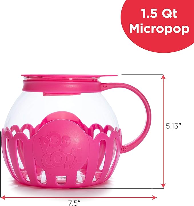 Ecolution Patented Micro-Pop Microwave Popcorn Popper with Temperature Safe Glass, 3-in-1 Lid Measures Kernels and Melts Butter, Made Without BPA, Dishwasher Safe, 1.5-Quart, Pink