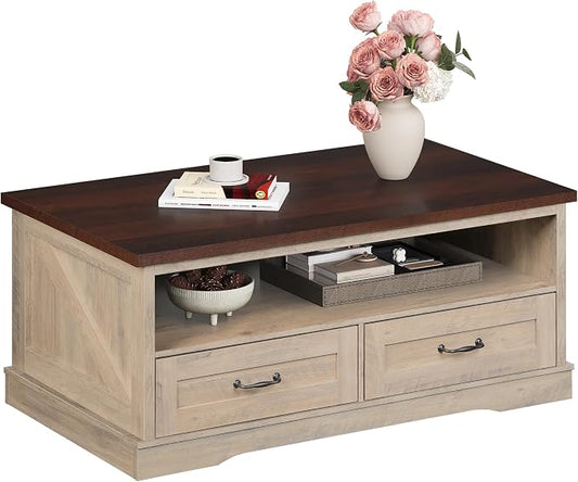 WLIVE Coffee Table for Living Room, 43" Framhouse Coffee Table with 2 Storage Drawers, Modern Center Table with Open Display Area, Elegant Curved Base, Grey