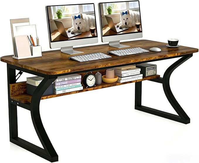 Computer Desk, 55'' Home Office Desks Computer Desk w/Storage Shelf, Study Writing Desk w/U Shaped Metal, Cable Management, Work Table w/Water-Resistant Deeper Thicker Desktop for Home Office