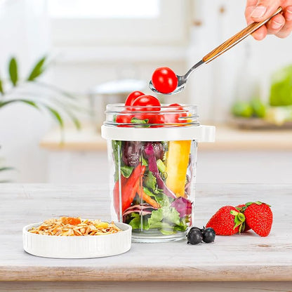 PFUM Overnight Oats Jars with Spoon and Lid 16 oz [2 Pack], Airtight Oatmeal Container with Measurement Marks, Mason Jars with Lid for Cereal On The Go Container (2pcs white)
