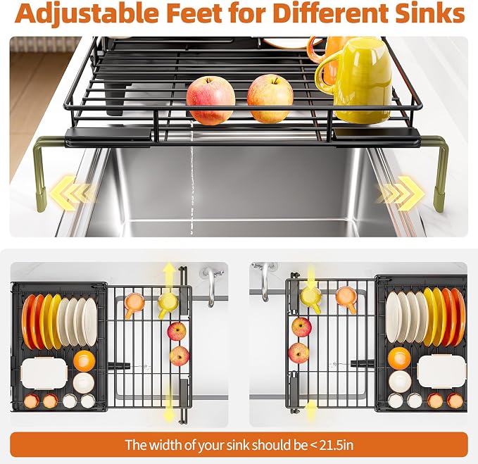 Urackify Dish Drying Rack - Large Dish Racks for Kitchen Counter, Extendable Sink Dish Drainer, Rustproof Dish Strainer with Utensil Holder, 1 Tier Black