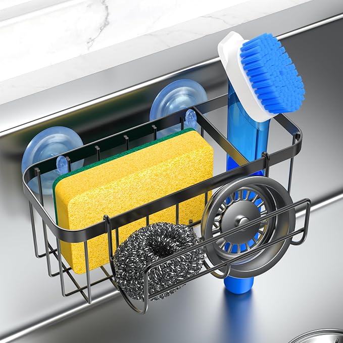 HOKEMOM Kitchen Sink Caddy Organizer with Sponge Holder & Multifunctional Hooks - Dual Suction Cups (18.5lb Hold), 2.0mm Stainless Steel Black Rust-Proof, Non-Slip, 7.09" x 4.33" x 2.76"