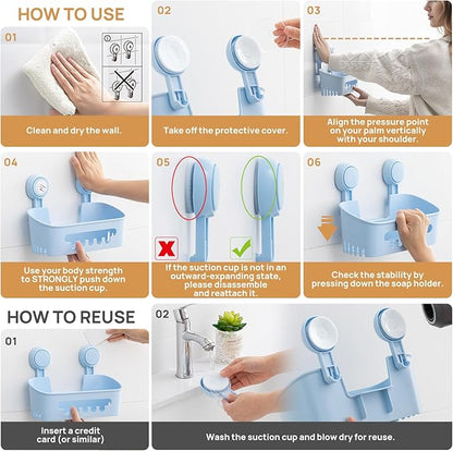 LEVERLOC Shower Caddy Suction Cup, Shower Organizer Removable Bathroom Shelf, Storage Suction Powerful Max Hold 22lbs Bathroom Caddy Waterproof Holder, Blue