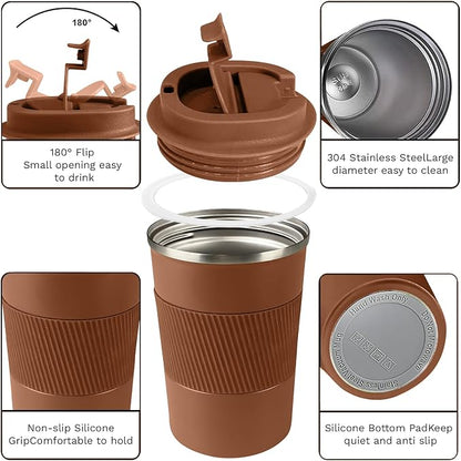 YINBAOGE Insulated Travel Coffee Mug, Spill & Leak Proof, Portable To Go Camping Stainless Steel Coffee Tumbler, Reusable Thermal Coffee Cup with Lid for Hot & Cold Drinks (Brown, 17 OZ)