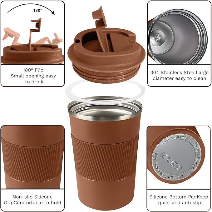 YINBAOGE Insulated Travel Coffee Mug, Spill & Leak Proof, Portable To Go Camping Stainless Steel Coffee Tumbler, Reusable Thermal Coffee Cup with Lid for Hot & Cold Drinks (Brown, 12 OZ)
