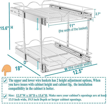 OCG 2 Tier Pull Out Cabinet Organizer (12.5" W x 18" D), Pull Out Drawers for Kitchen Cabinets, Pull Out Shelves for Base Cabinet Organization in Kitchen Bathroom Pantry, Chrome Finish