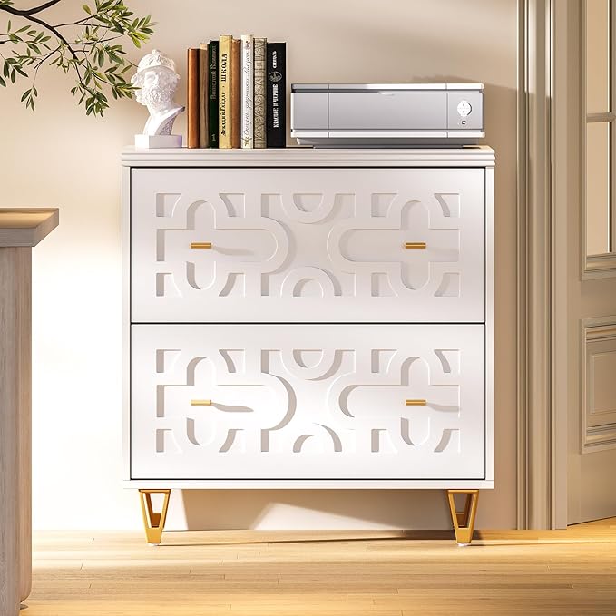 LITTLE TREE 2-Drawer File Cabinet, Under Desk Office Storage Cabinet for Letter Size File Folders with Tabs, Printer Stand, Fitting A4, Modern Home Office Organizer, White