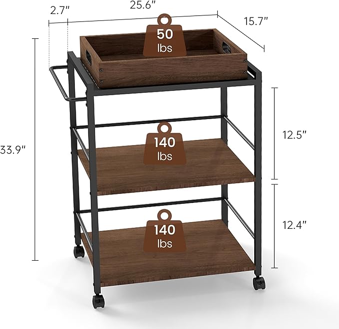 3 Tier Kitchen Cart, Rolling Bar Cart for Tea, Coffee, Liquor, and Drink Service with Removable Serving Detachable Server, Walnut