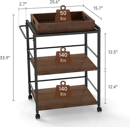 3 Tier Kitchen Cart, Rolling Bar Cart for Tea, Coffee, Liquor, and Drink Service with Removable Serving Detachable Server, Walnut