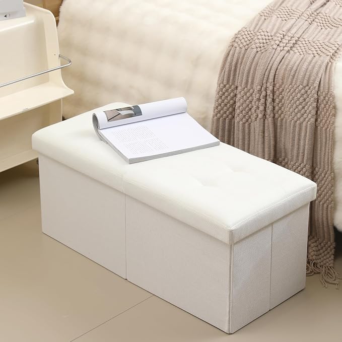 CUYOCA Storage Ottoman Bench Foldable Seat Footrest Shoe Bench End of Bed Storage with Flipping Lid, 75L Storage Space, 30 inches Linen Fabric White, OT026WS